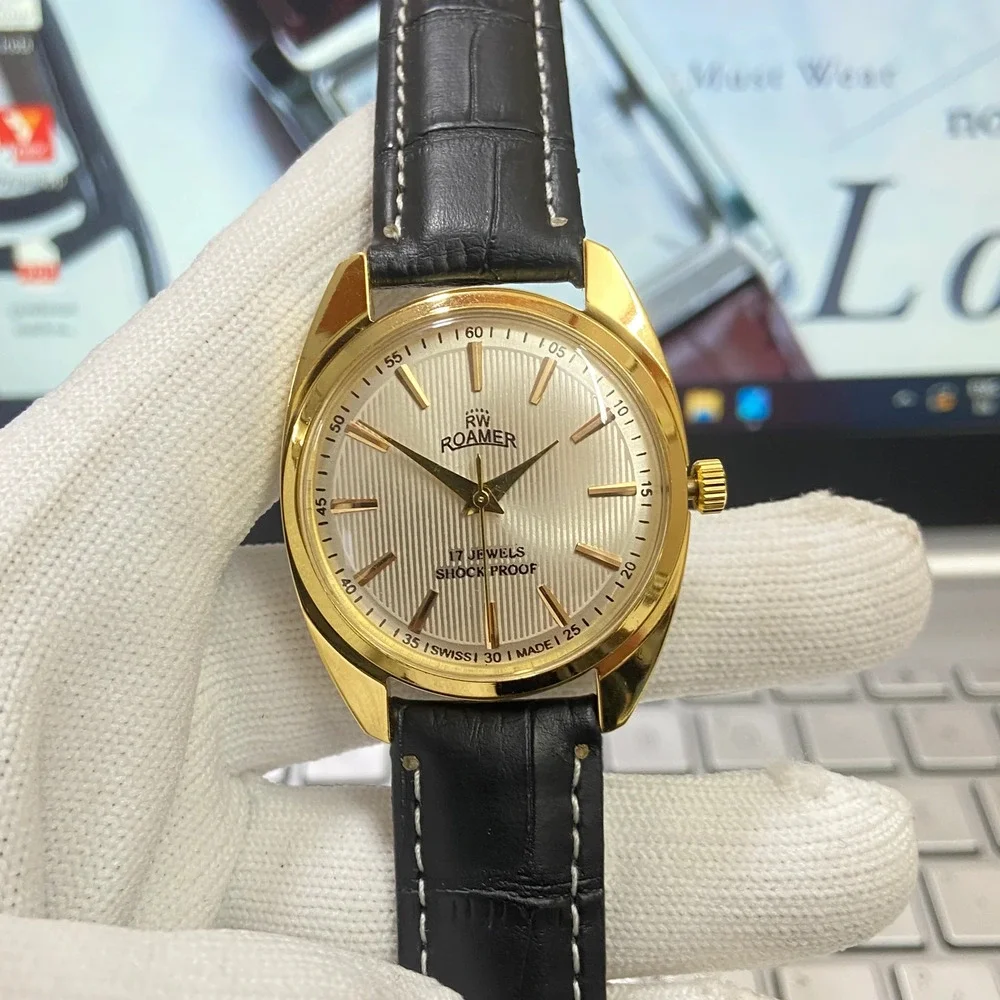 Vintage 1978 Roamer Manual Mens Gold Watch W/Leather Strap & Silver accents